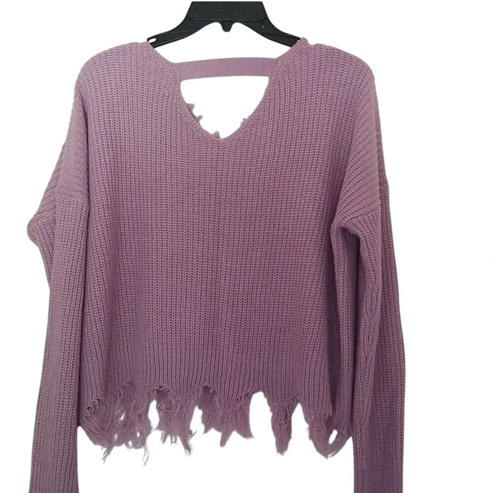 Jolie & Joy‎ Sweater Women XL Purple Distressed V-Neck Frayed Hem Shaker Knit